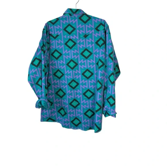 Vintage 80s WRANGLER Brushpopper Teal Purple Heavy Western Cowboy Rodeo Shirt